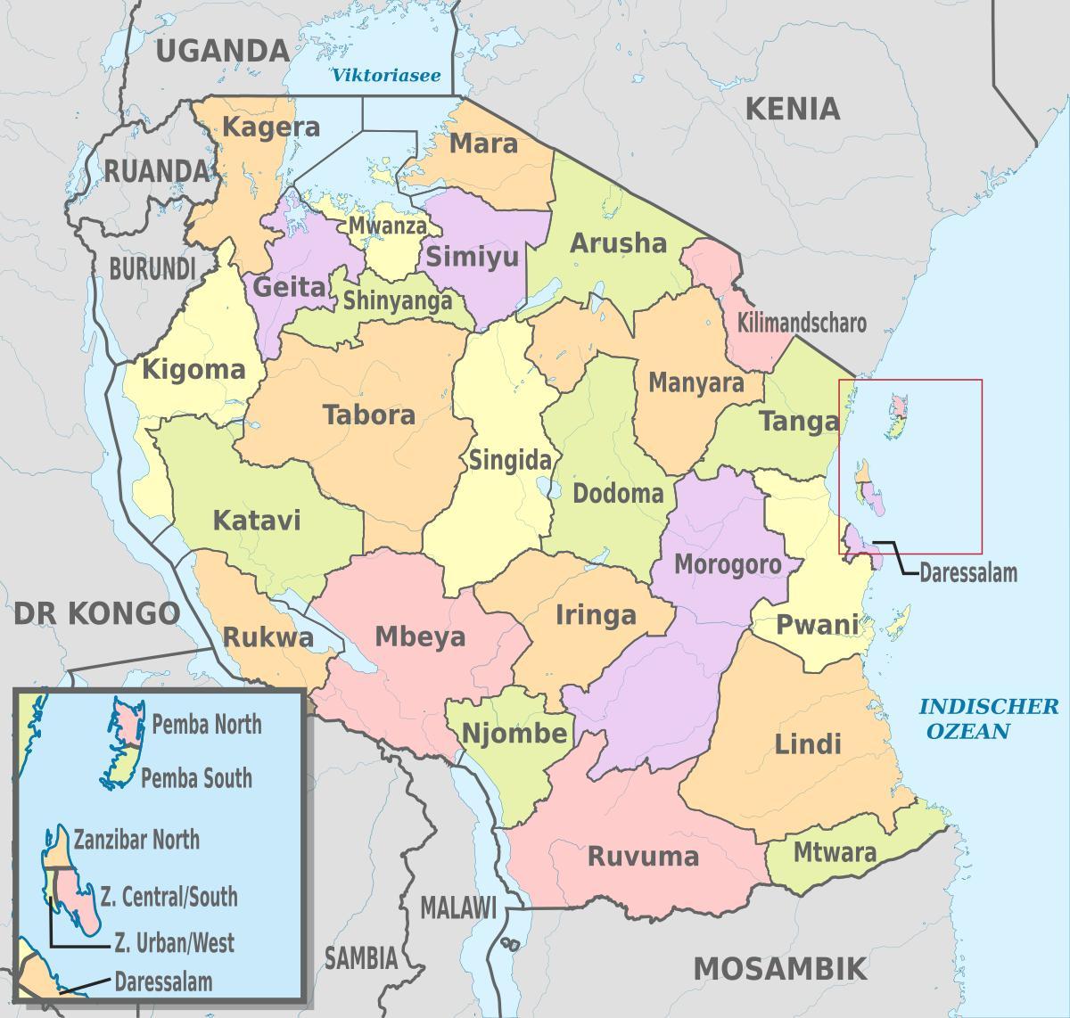 carte de la tanzanie régions et districts