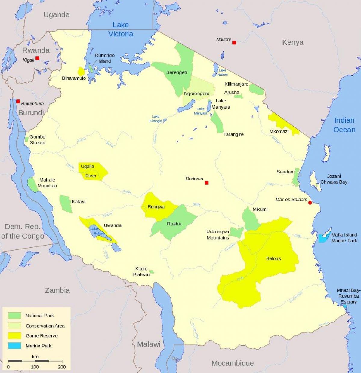 carte des parcs nationaux de tanzanie et les réserves de chasse