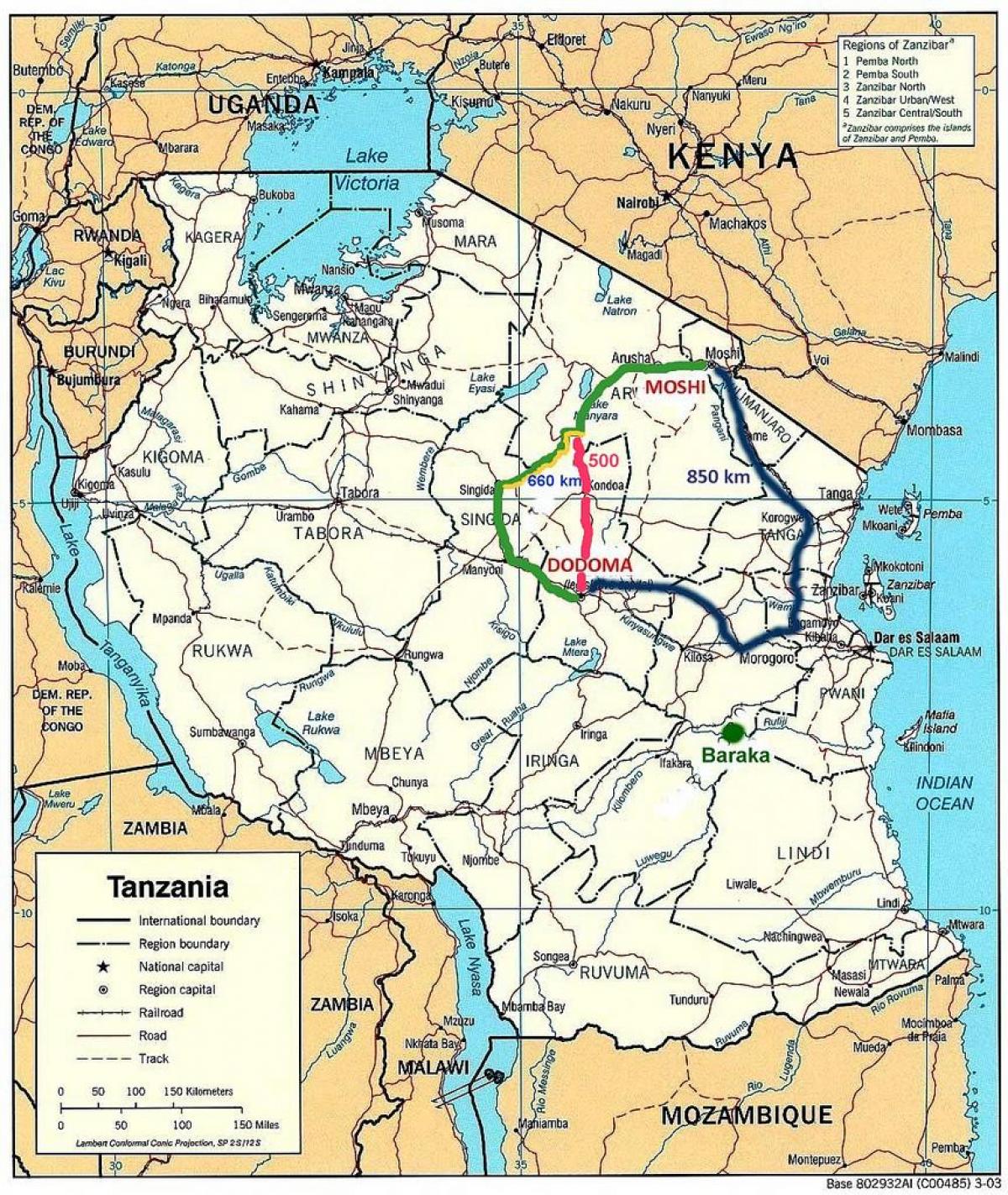 en tanzanie, le réseau routier de la carte