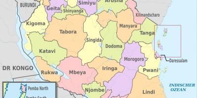 Carte de la tanzanie régions et districts