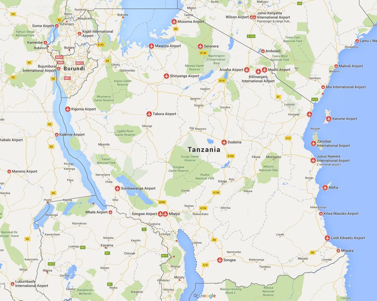 La carte des aéroports de tanzanie 