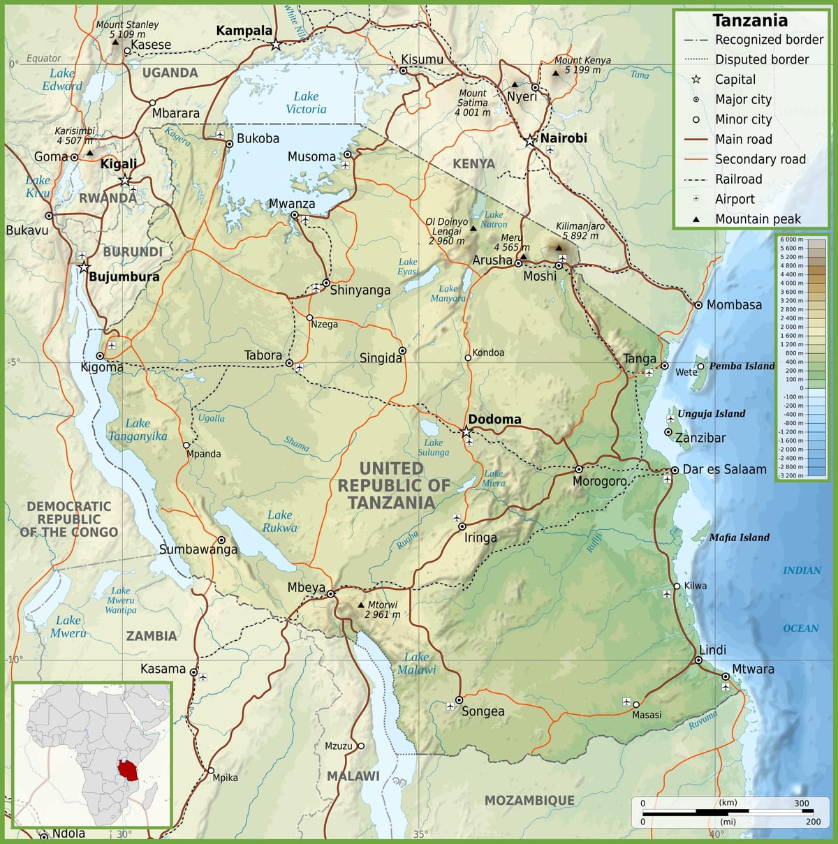 Carte de la route de la tanzanie avec des distances