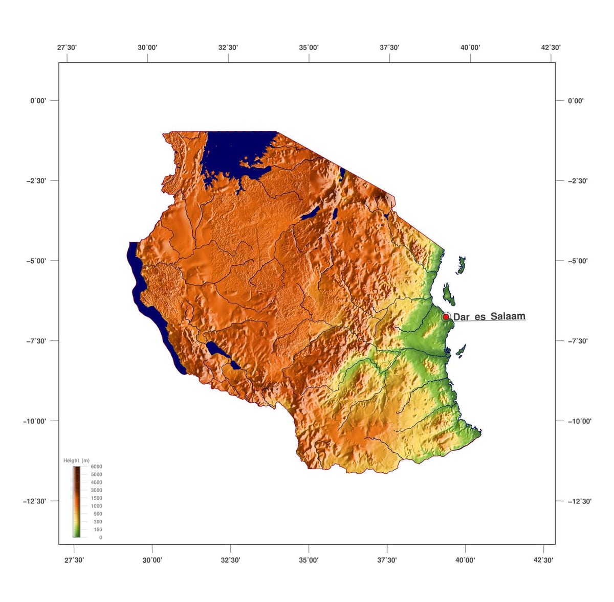 Carte de la tanzanie, de l'élévation